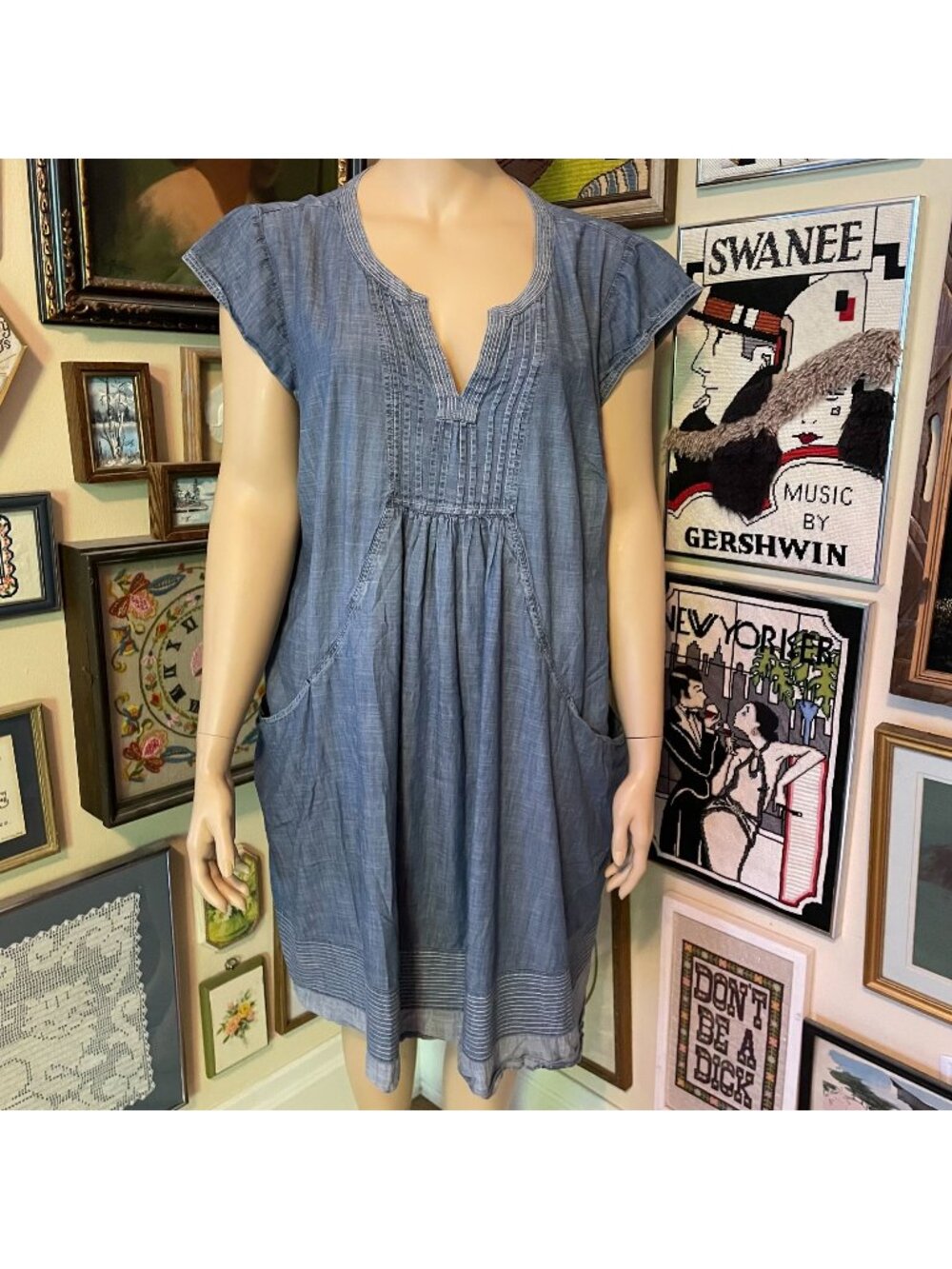 eShakti Blue Cotton Chambray Short Sleeve A-Line Pocket Dress Size 2X